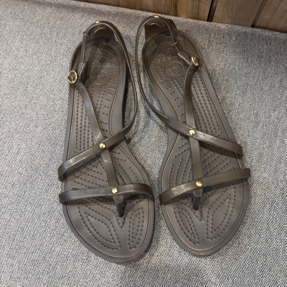 Crocs Isabella Gladiator Sandals Womens 8 Brown T-Strap Ankle Strap Flat